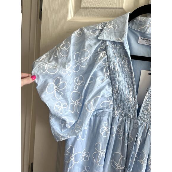 ANNIE WEAR Pale Blue Floral Smocked Puff Sleeve Button Shirt Midi Dress Sz L NWT - Picture 6 of 16